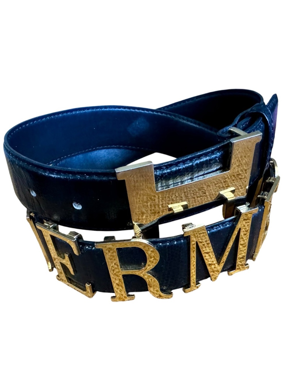Gold “H” Nameplate Black Faux Leather Constance Belt Sz M 32-34” Unisex - Picture 6 of 8